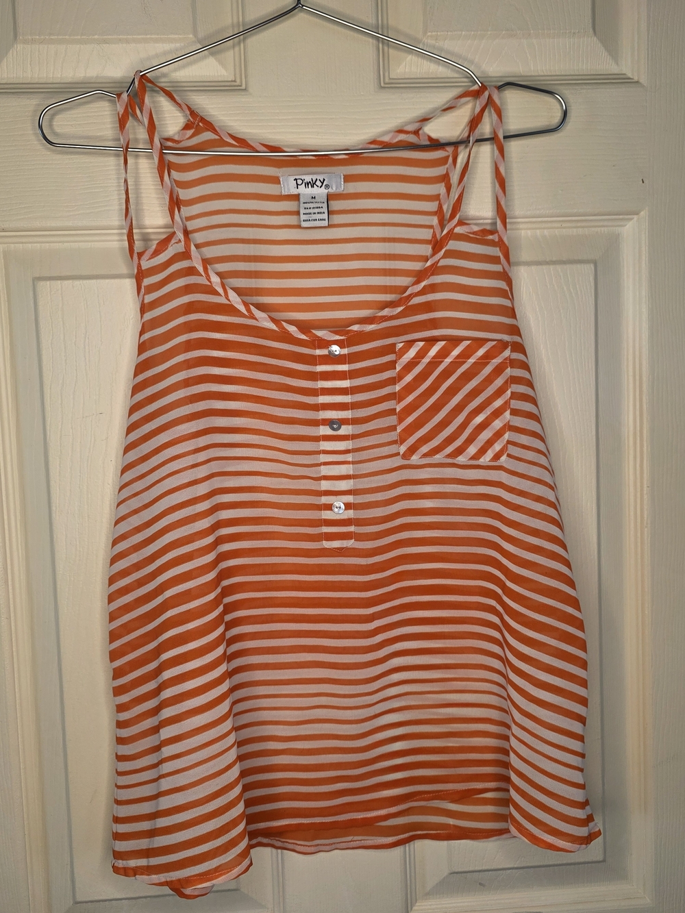 Pinky Orange & White Striped Tie-Shoulder Tank